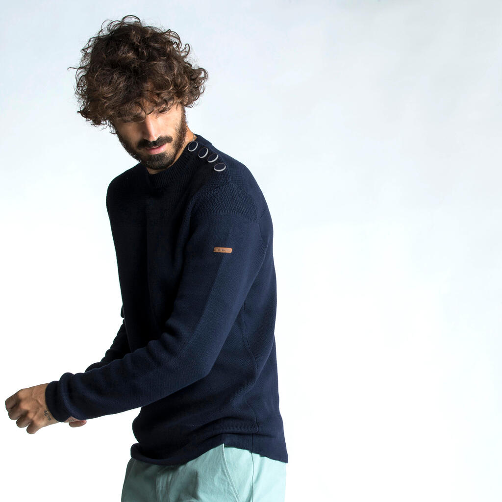 Pull marin tricoté homme, 100 beige rayé bleu navy