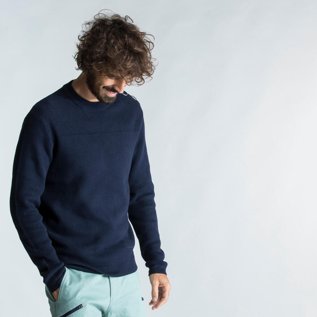 Pull marin tricoté homme, 100 beige rayé bleu navy