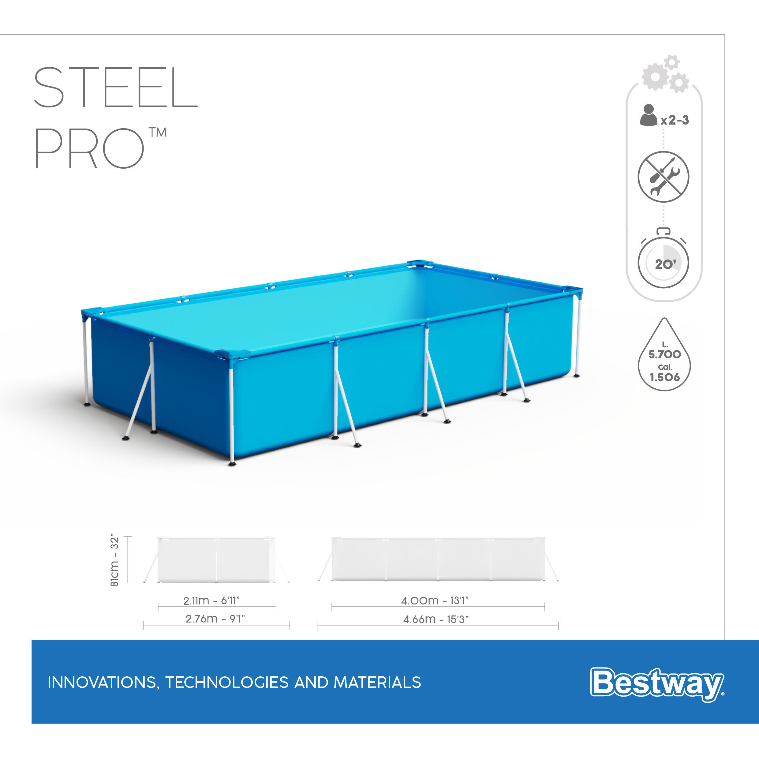 Piscina SteelPro retangular 400X211X81 CM com Bomba Depuradora e Filtro 2/11