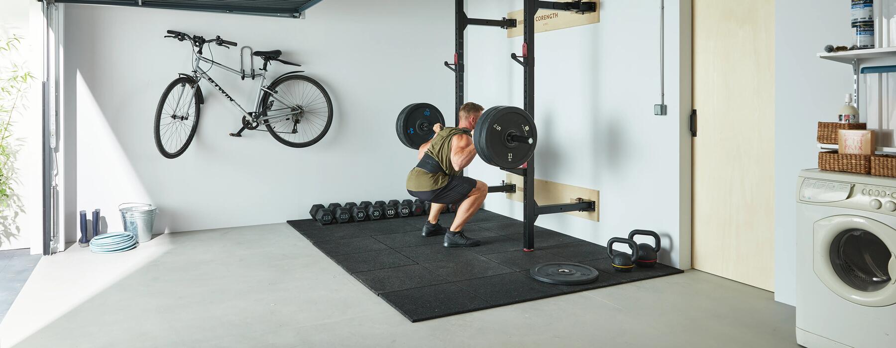 Weightlifting using a Barbell in a garage home gym