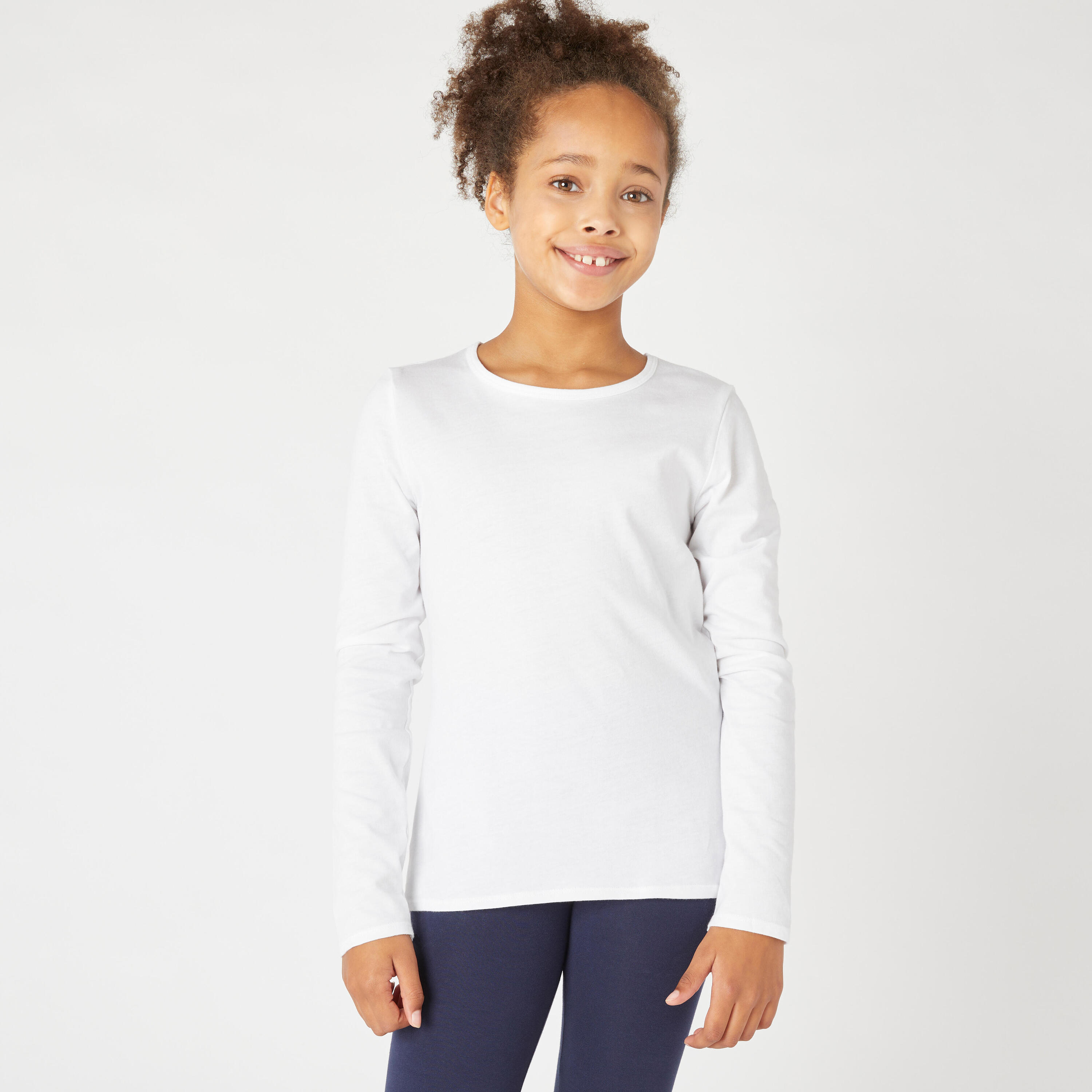 DOMYOS Kids' Basic Long-Sleeved Cotton T-Shirt - White