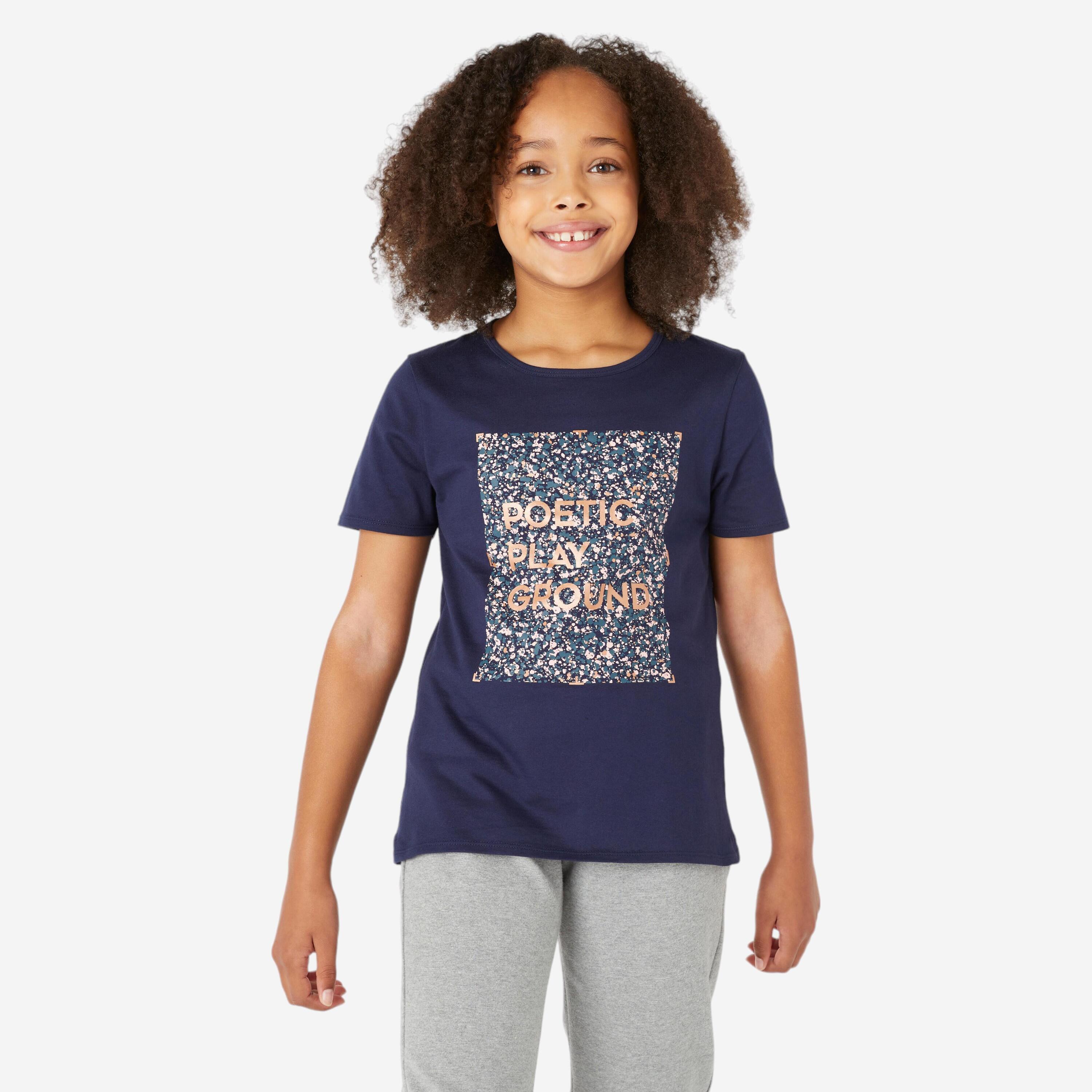 DOMYOS T-shirt bambina ginnastica 100 cotone 100% blu con stampa