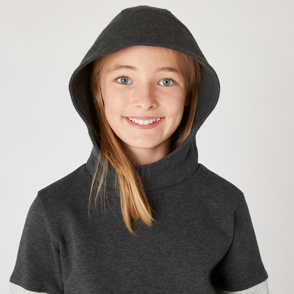 Kids' Breathable Cotton Hoodie 500 - Heathered Light Grey/Black