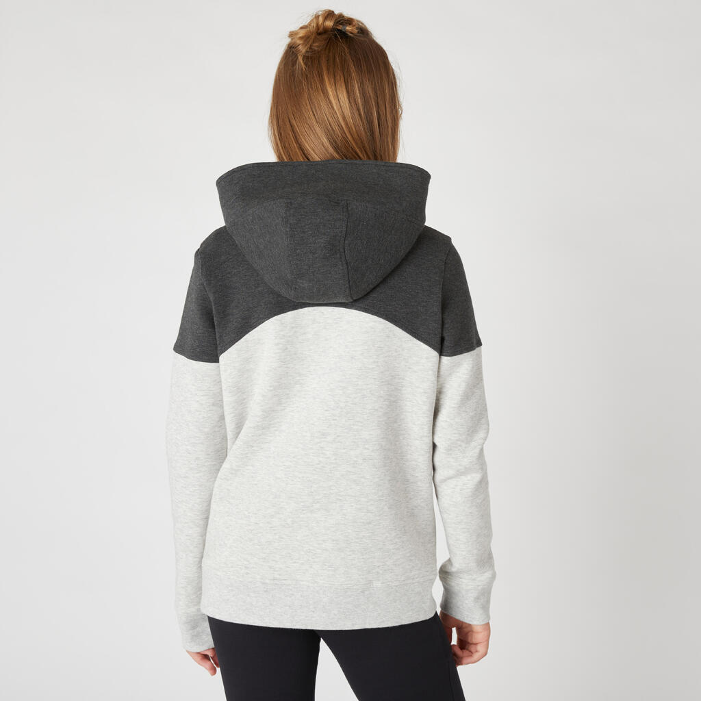 Kids' Breathable Cotton Hoodie 500 - Heathered Light Grey/Black