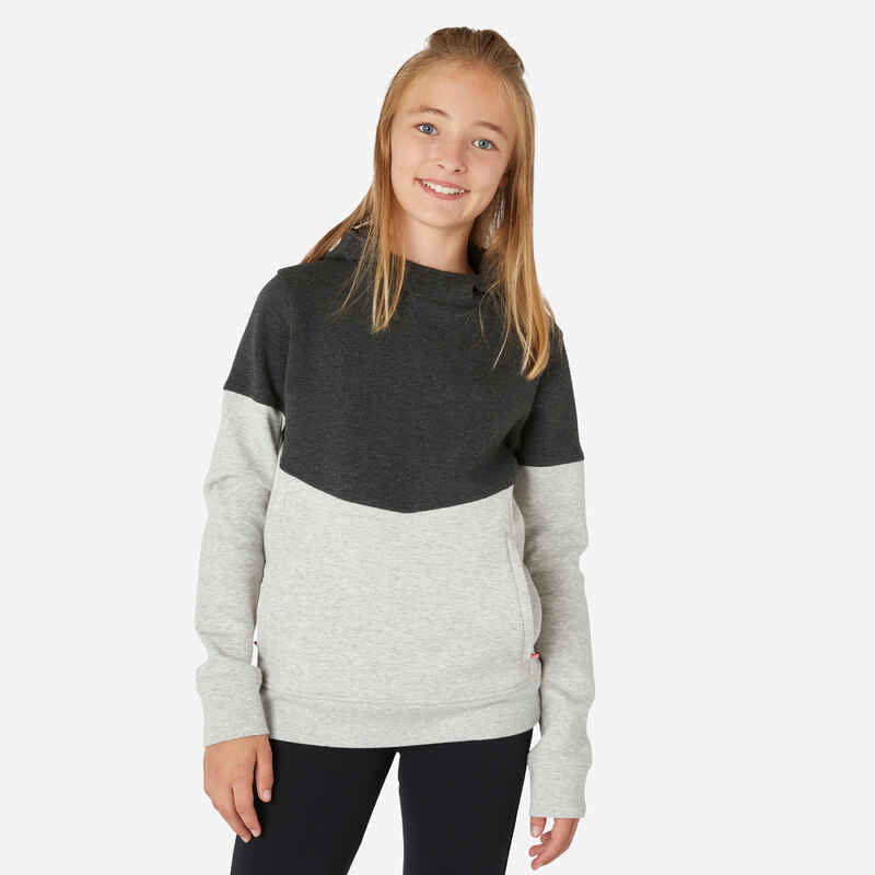 Sweatshirt Kapuze 500 Baumwolle atmungsaktiv Baumwolle hellgraumeliert/schwarz
