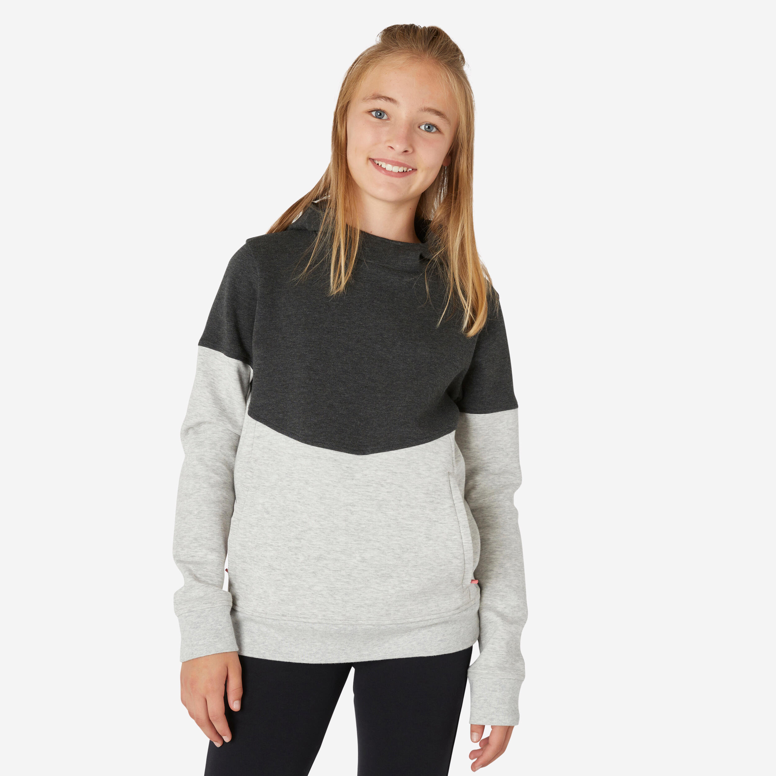 Kids' Breathable Cotton Hoodie 500 - Heathered Light Grey/Black 1/6