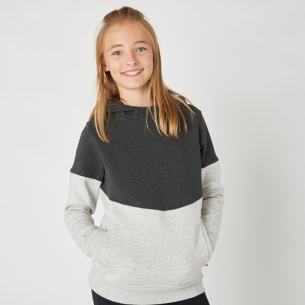 Kids' Breathable Cotton Hoodie 500 - Heathered Light Grey/Black