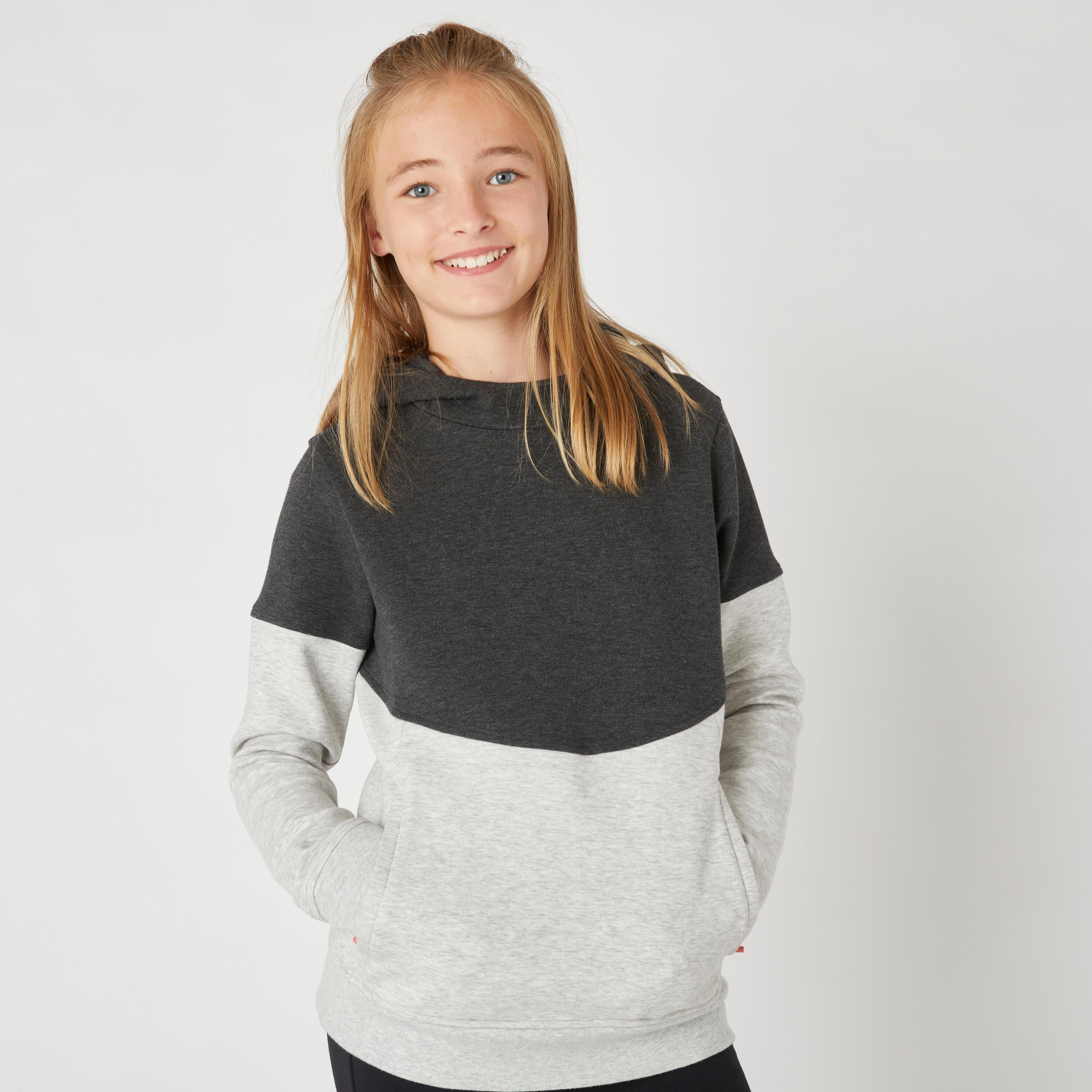 Kids' Breathable Cotton Hoodie 500 - Heathered Light Grey/Black 2/6