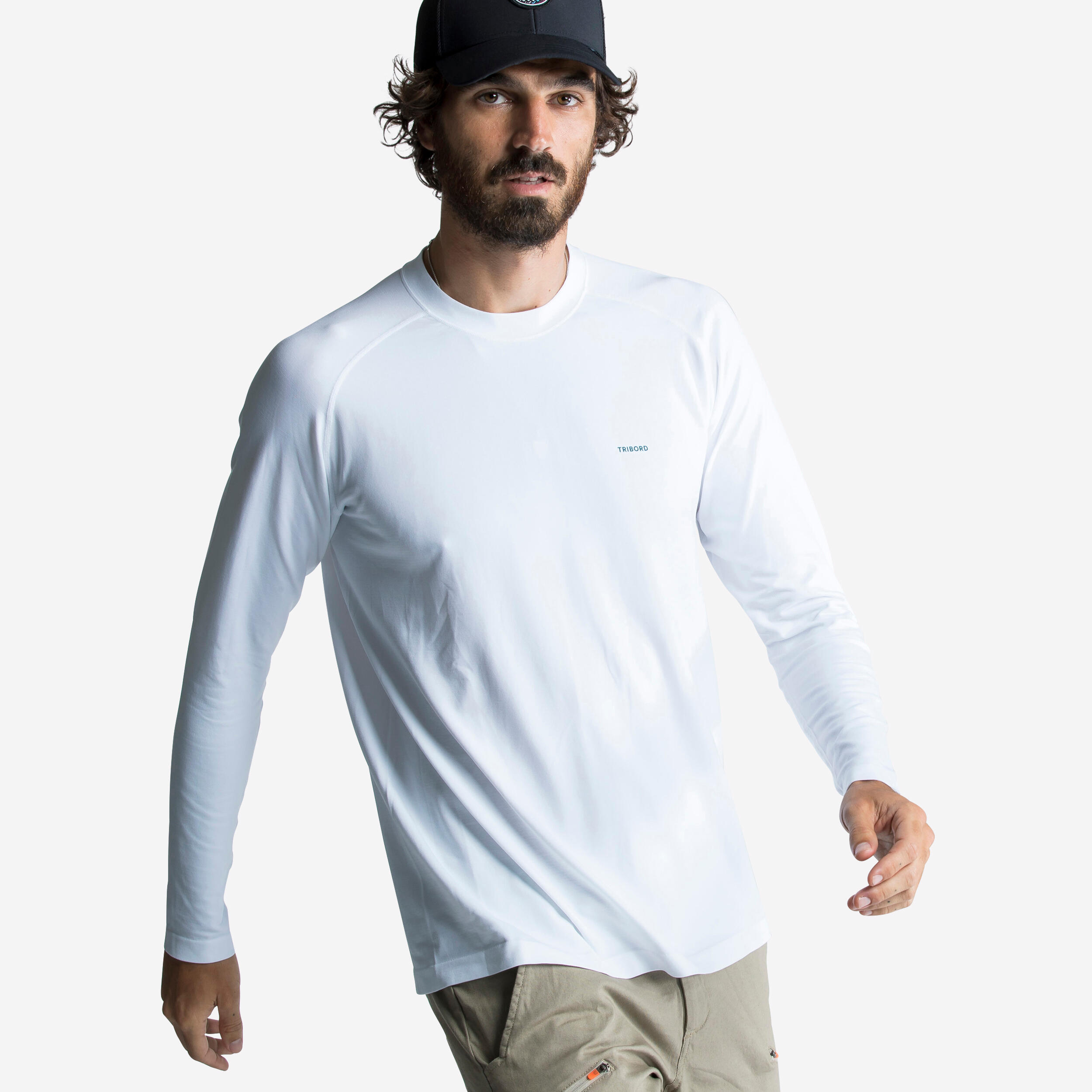 Men s Sailing Long sleeved Anti UV T shirt 500 White Decathlon