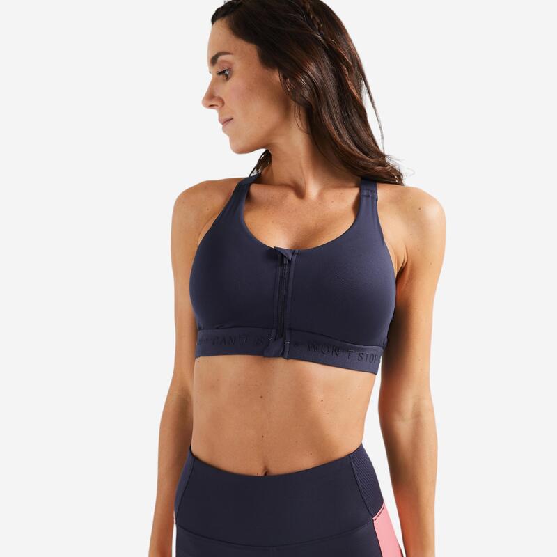 Brassière zippée avec coques maintien fort Femme, Blanc et noir