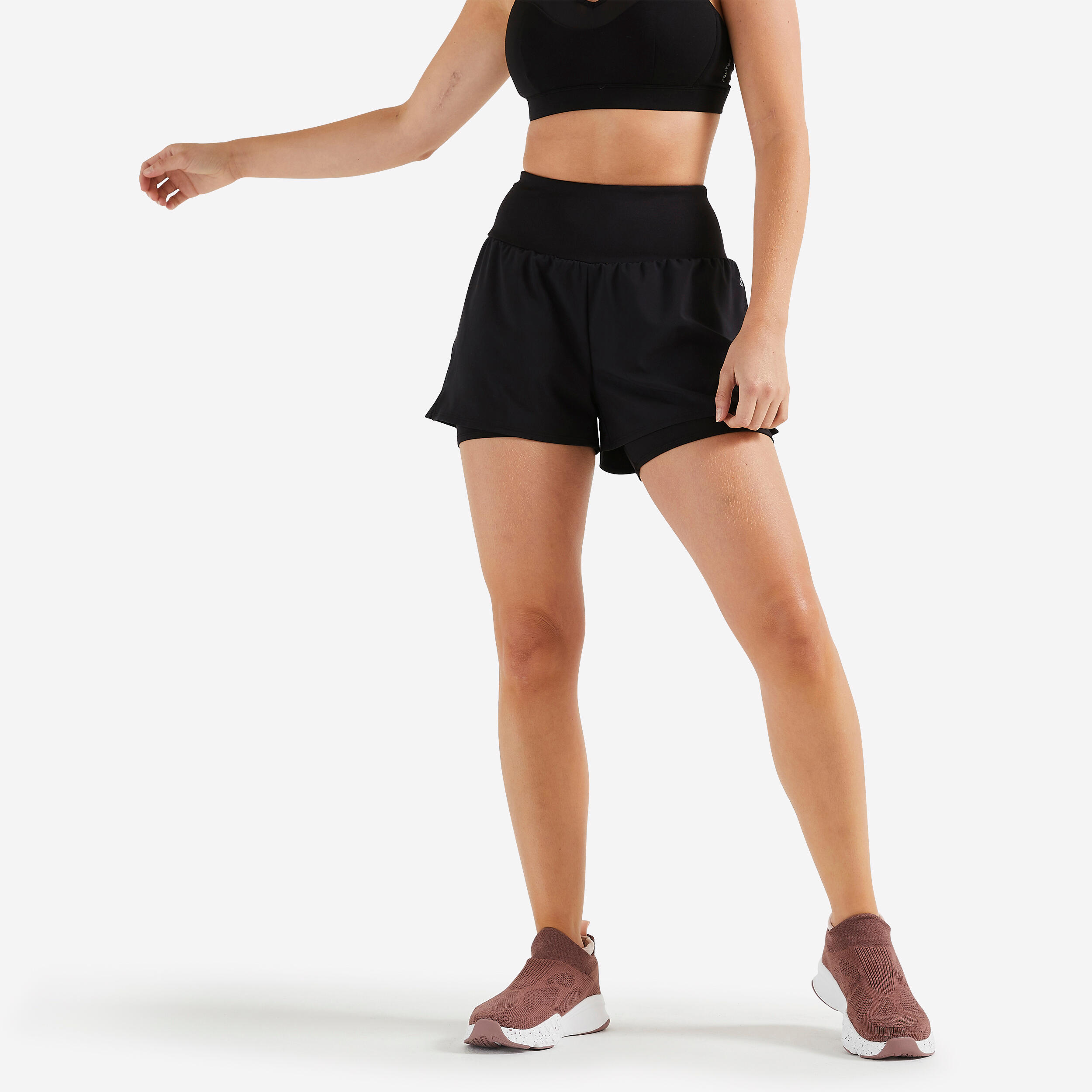 Women's 2-in-1 Fitness Cardio Shorts - Black 1/5