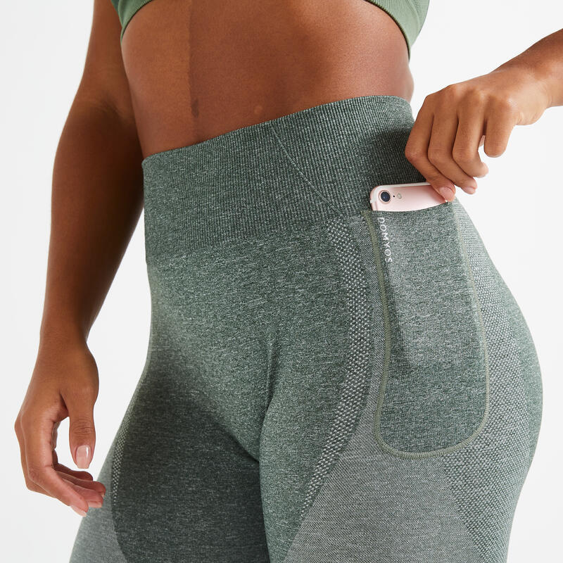 Leggings mit hoher Taille und Smartphonetasche Fitness seamless Damen - khaki