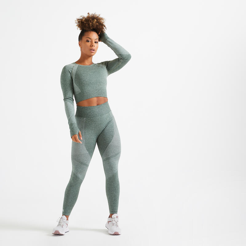 Leggings mallas fitness talle alto ceñidos seamless Mujer Domyos Verde