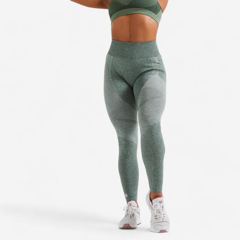 Leggings mit hoher Taille und Smartphonetasche Fitness seamless Damen - khaki