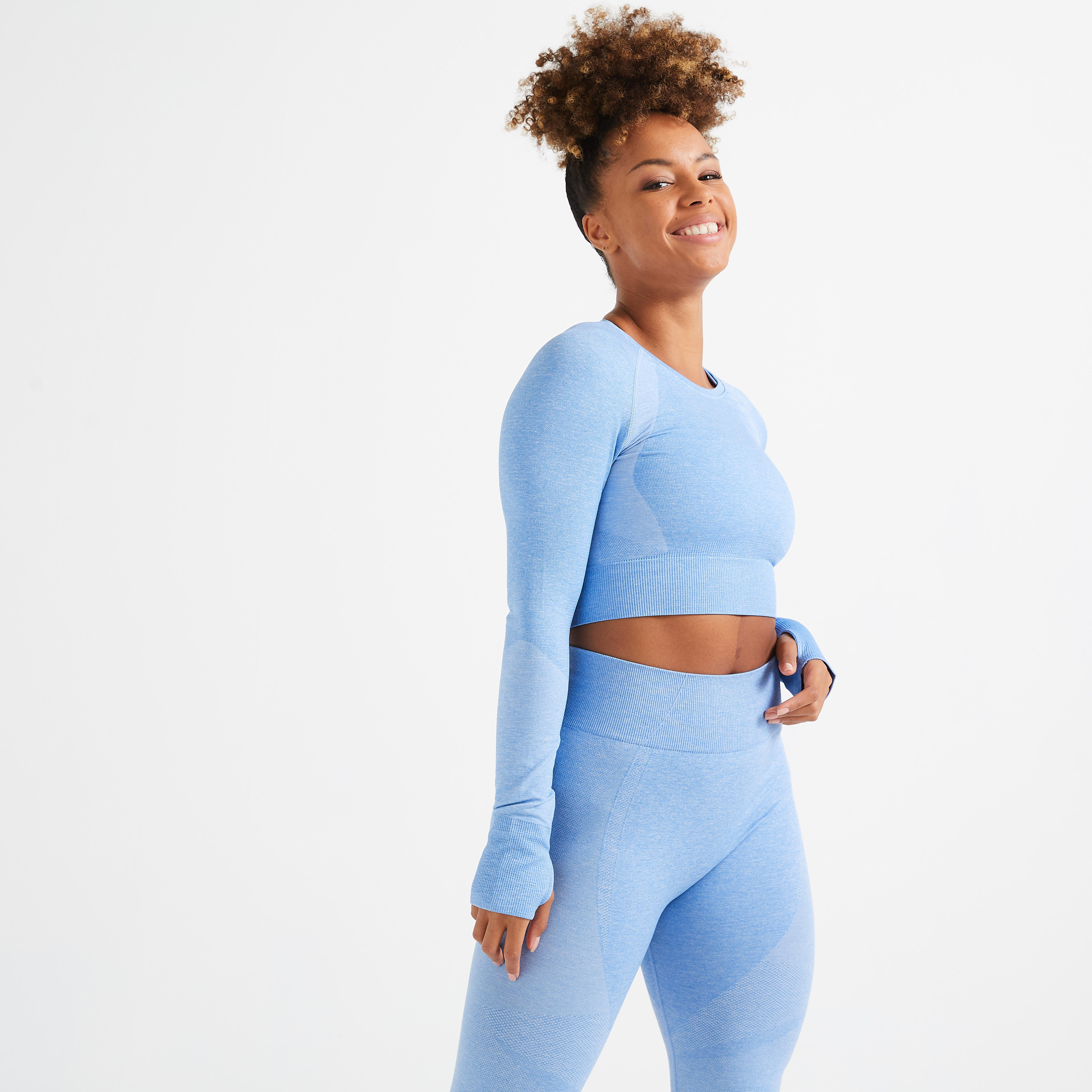 Bluză 900 Fitness crop top fără cusături Albastru Damă