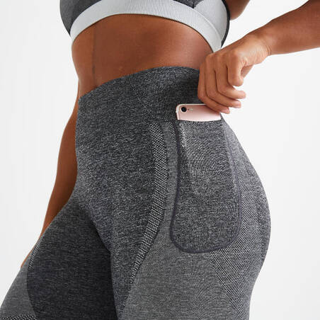 High-Waisted Seamless Fitness Leggings with Phone Pocket - Grey
