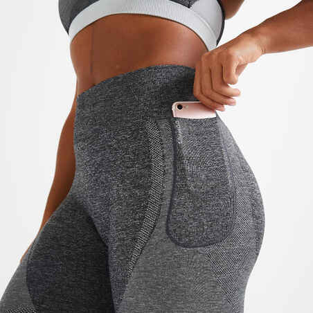 High-Waisted Seamless Fitness Leggings with Phone Pocket - Grey