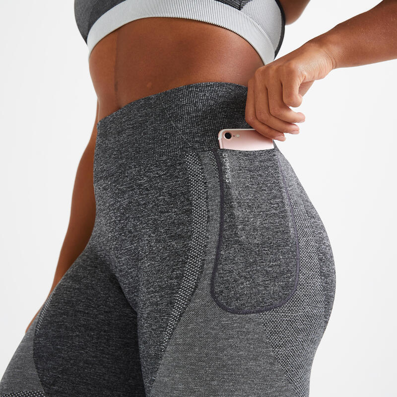 Leggings mit hoher Taille und Smartphonetasche Fitness seamless Damen - grau