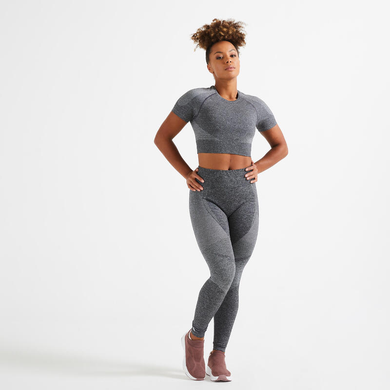 Női leggings fitneszhez FTI 900, magasított derekú, telefonzsebes, szürke 