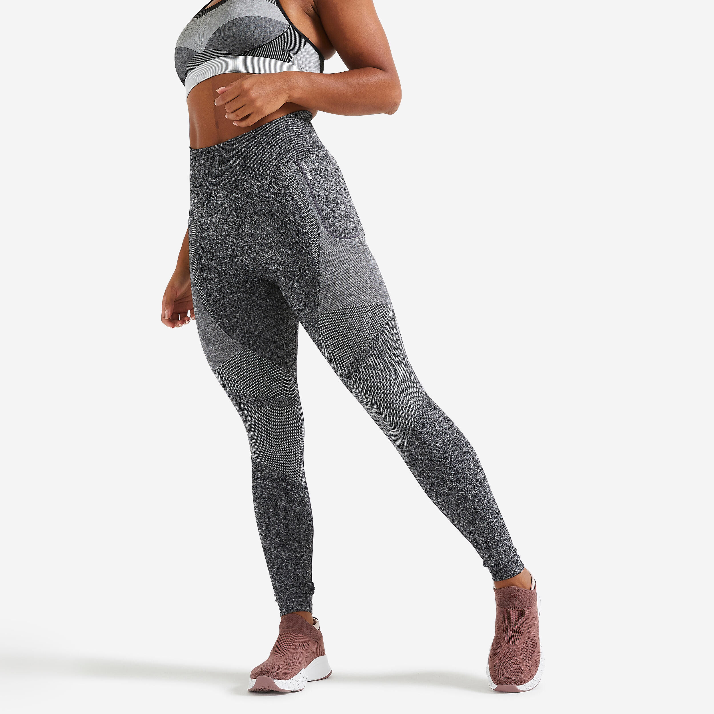 DOMYOS High-Waisted Seamless Fitness Leggings with Phone Pocket - Grey
