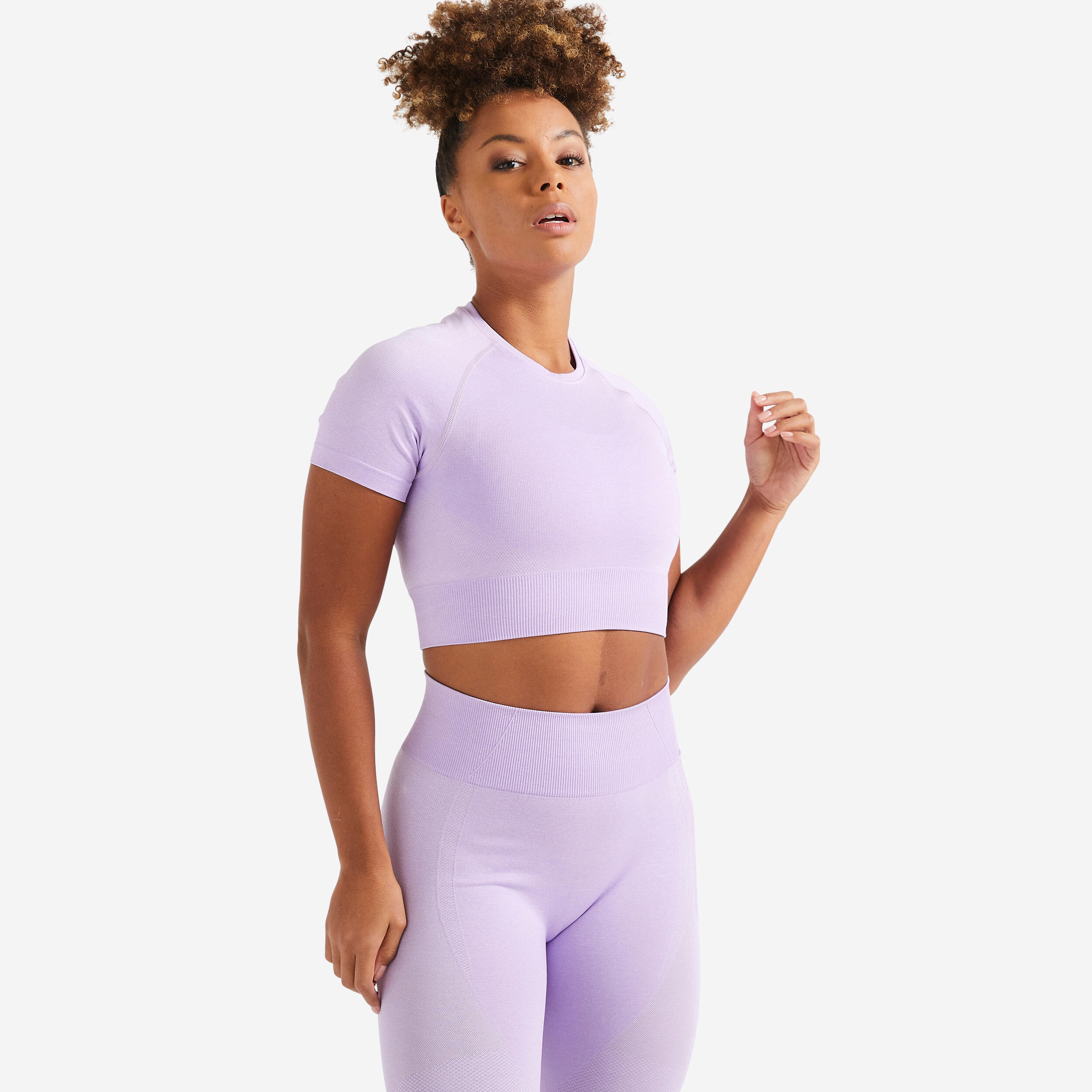 DOMYOS Seamless Short-Sleeved Cropped Fitness T-Shirt - Purple