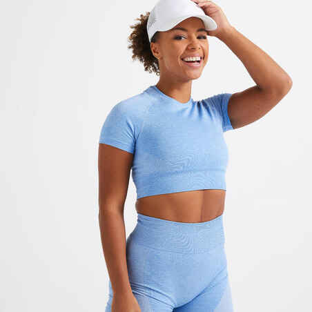 Camiseta crop top fitness manga corta seamless Mujer azul