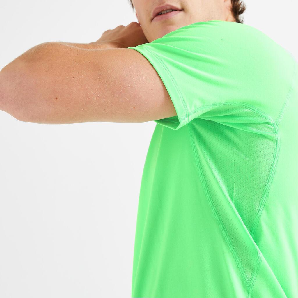 POLERA FITNESS HOMBRE ESSENTIAL VERDE FLUORESCENTE TRANSPIRABLE CUELLO REDONDO
