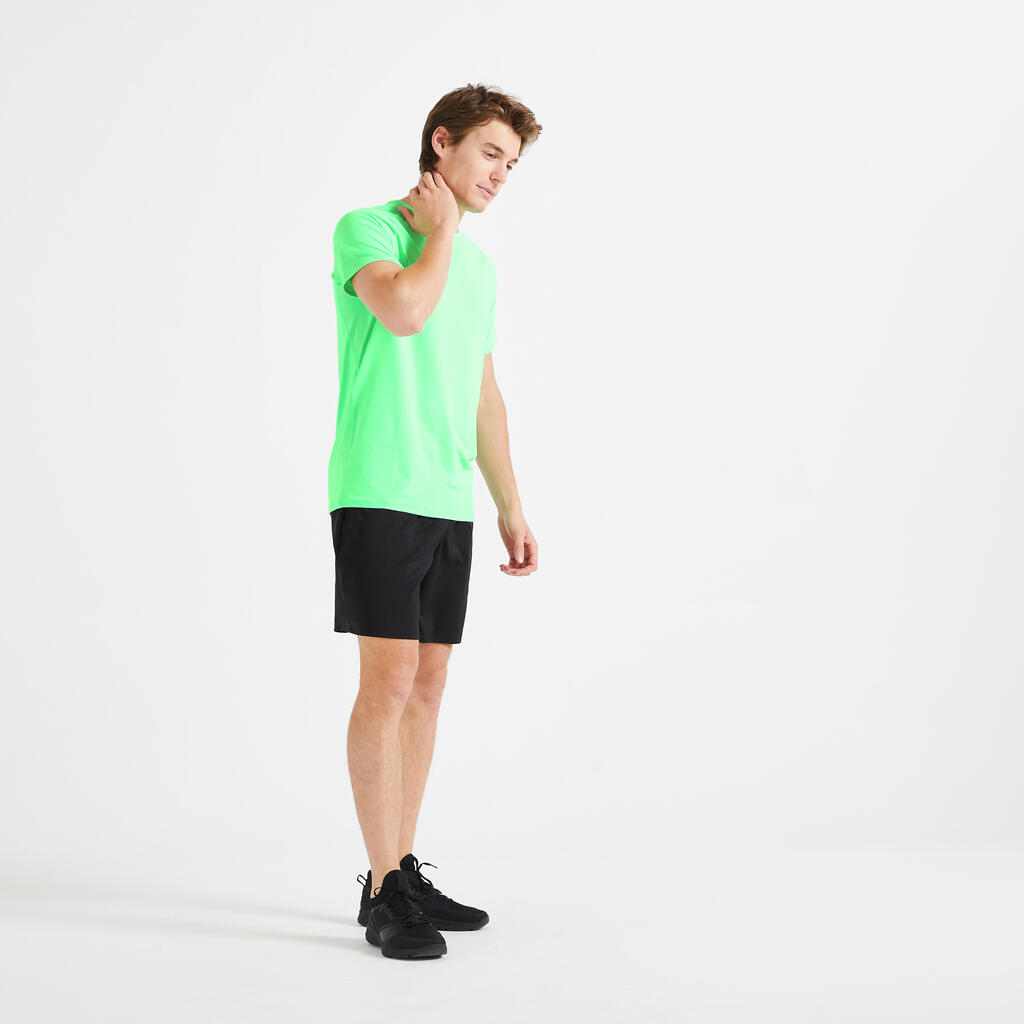 POLERA FITNESS HOMBRE ESSENTIAL VERDE FLUORESCENTE TRANSPIRABLE CUELLO REDONDO