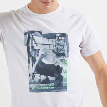 T-Shirt Fitnesstraining Rundhalsausschnitt Herren weiss Print