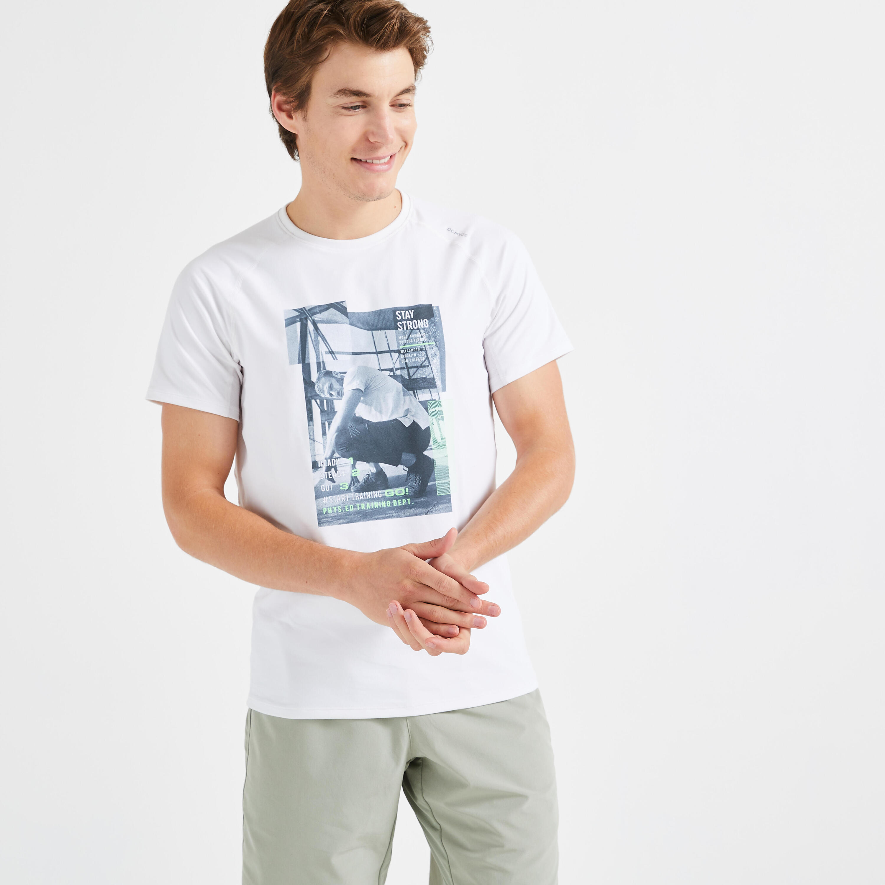 DOMYOS Men's Crew Neck Breathable Essential Fitness T-Shirt - White/Print