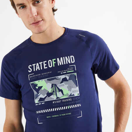 T-Shirt 120 Fitness atmungsaktiv Rundhals Herren blau mit Print