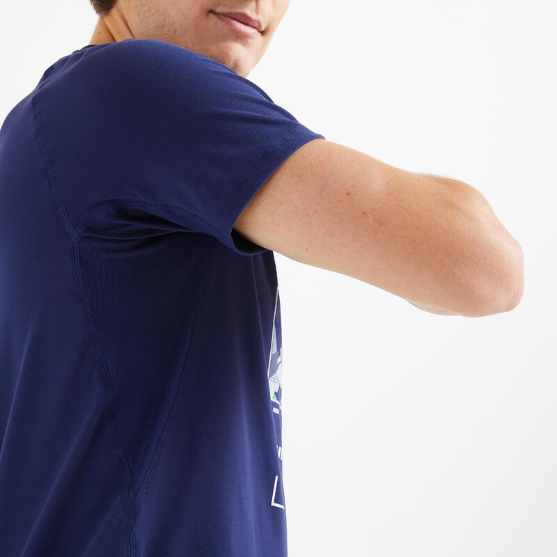 T-shirt de fitness essentiel respirant col rond homme - print bleu
