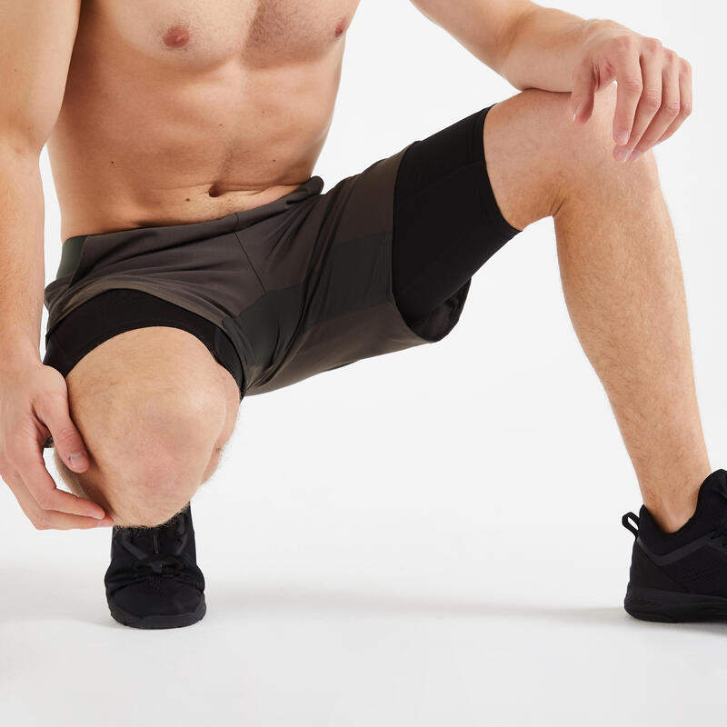 Ademende 2-in-1-fitness short voor heren zakken met rits kaki