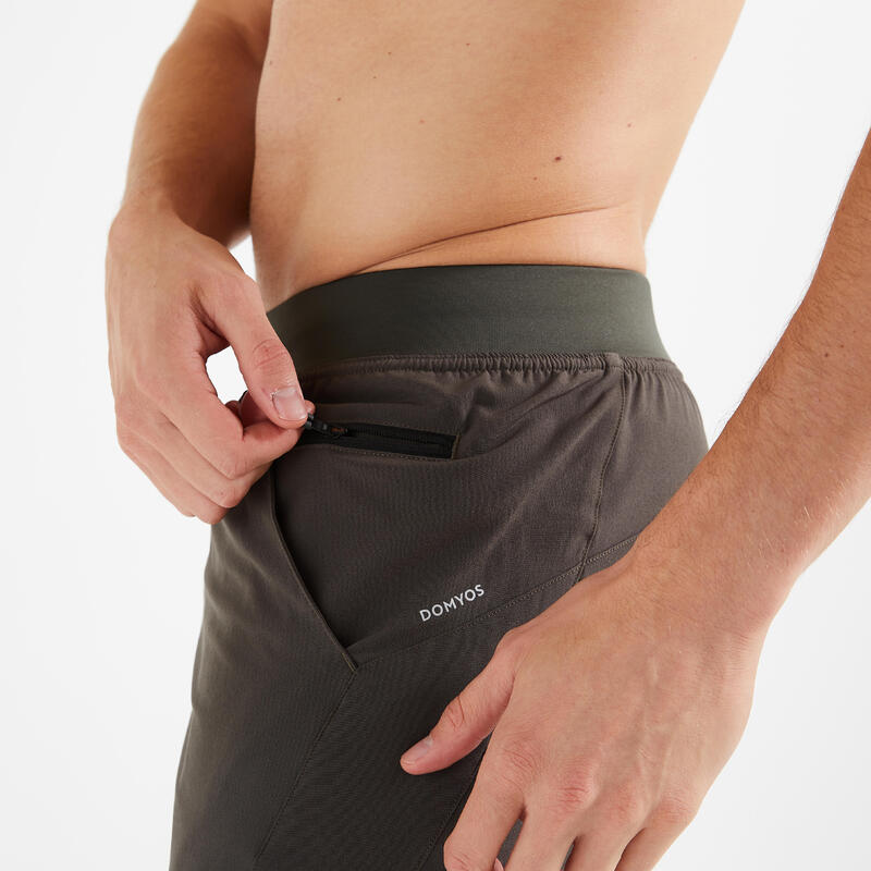 Pantalón Corto Fitness Collection Hombre Caqui 2 En 1 Transp. Bolsillo Crem.