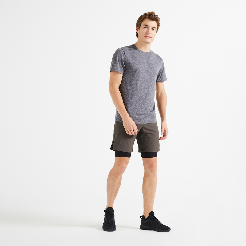 Short de fitness 2 en 1 collection respirant poche zippe homme kaki pour les clubs et collectivites Decathlon Pro