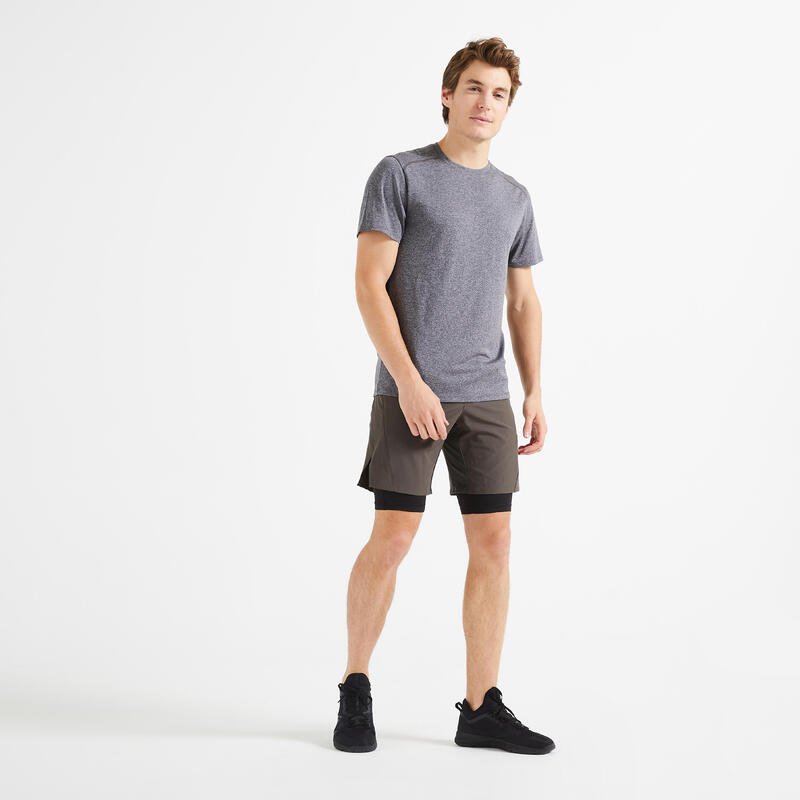 Short de fitness 2 en 1 collection respirant poche zippé homme - kaki