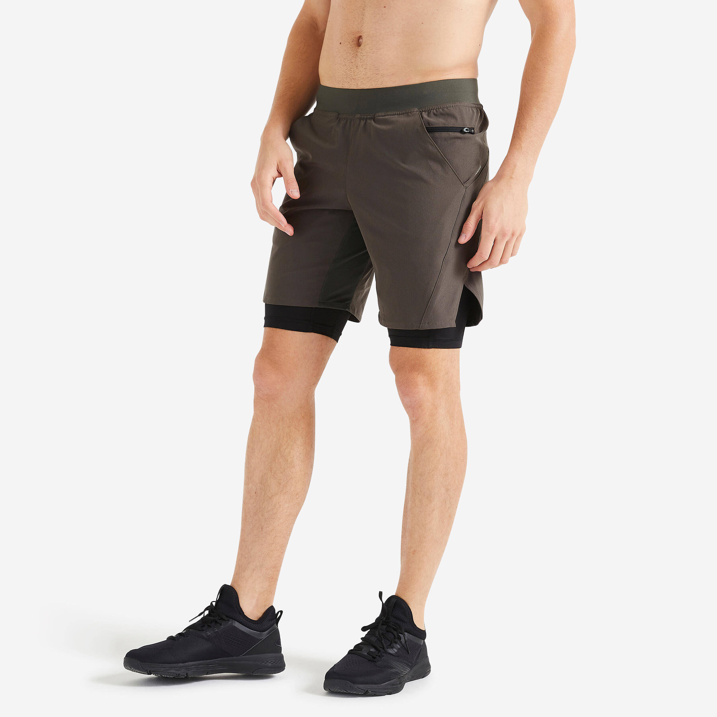 Men Gym Shorts with Compression Tights, Quick Dry and Zippered Pocket - Khaki -  1