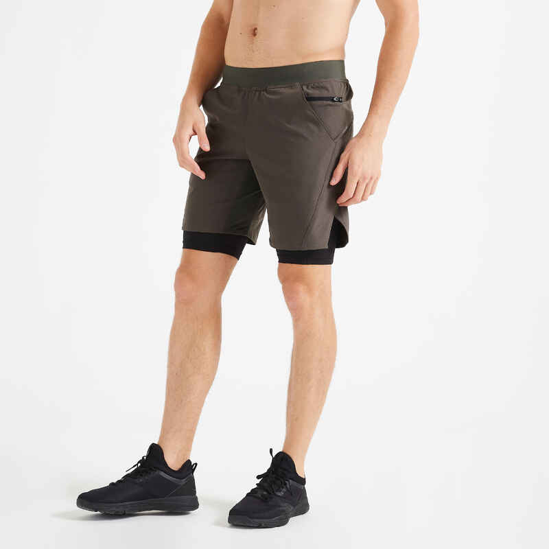 2-in-1-Fitnessshorts Kollektion atmungsaktiv mit RV-Tasche Herren khaki