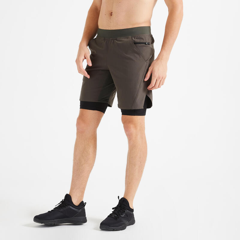 Ademende 2-in-1-fitness short voor heren zakken met rits kaki