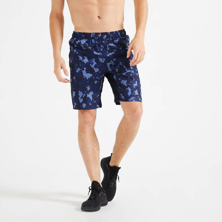 Men Sports Gym Shorts   Polyester With Zip Pockets Camo Blue