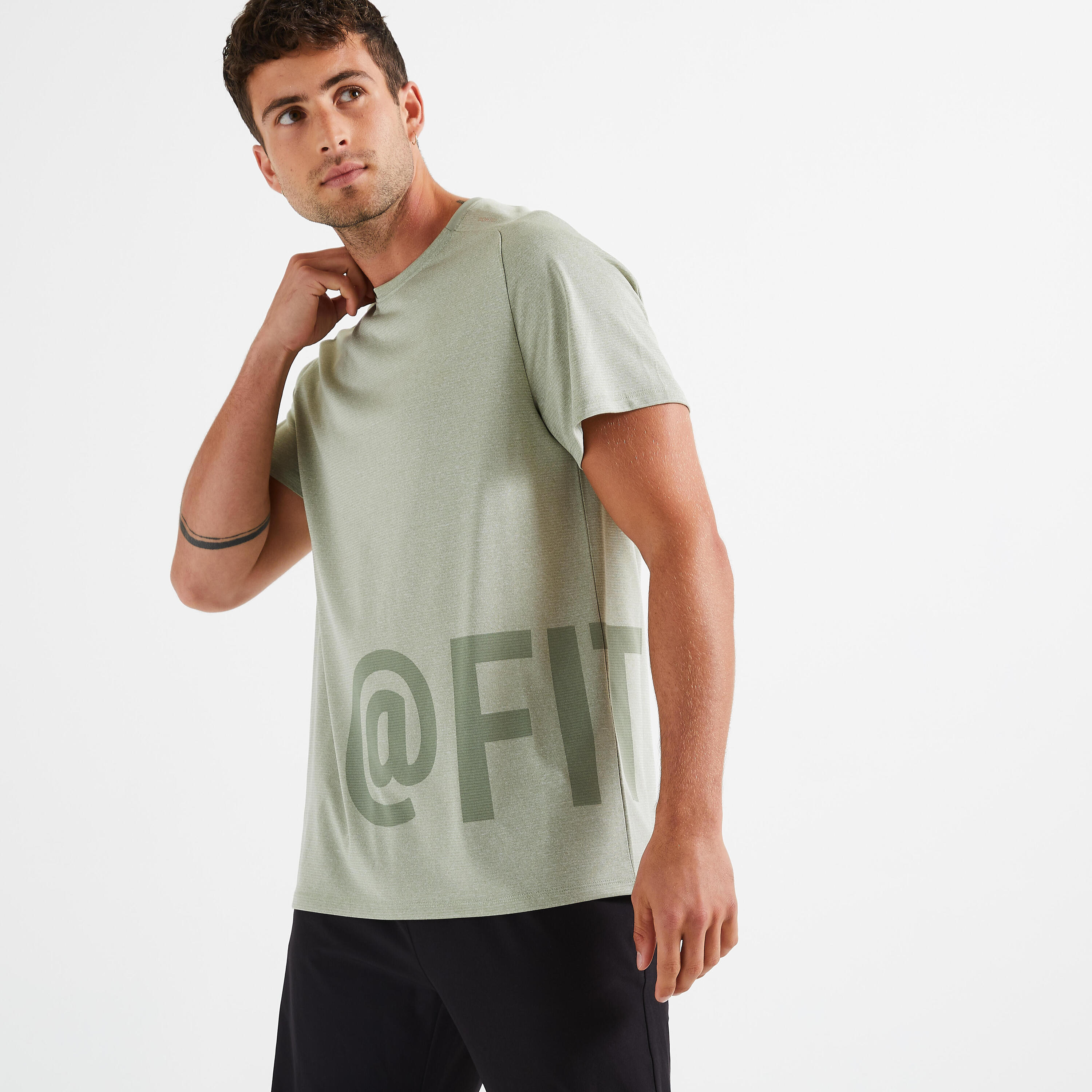 DOMYOS Men's Breathable Crew Neck Fitness Collection T-Shirt - Green Print