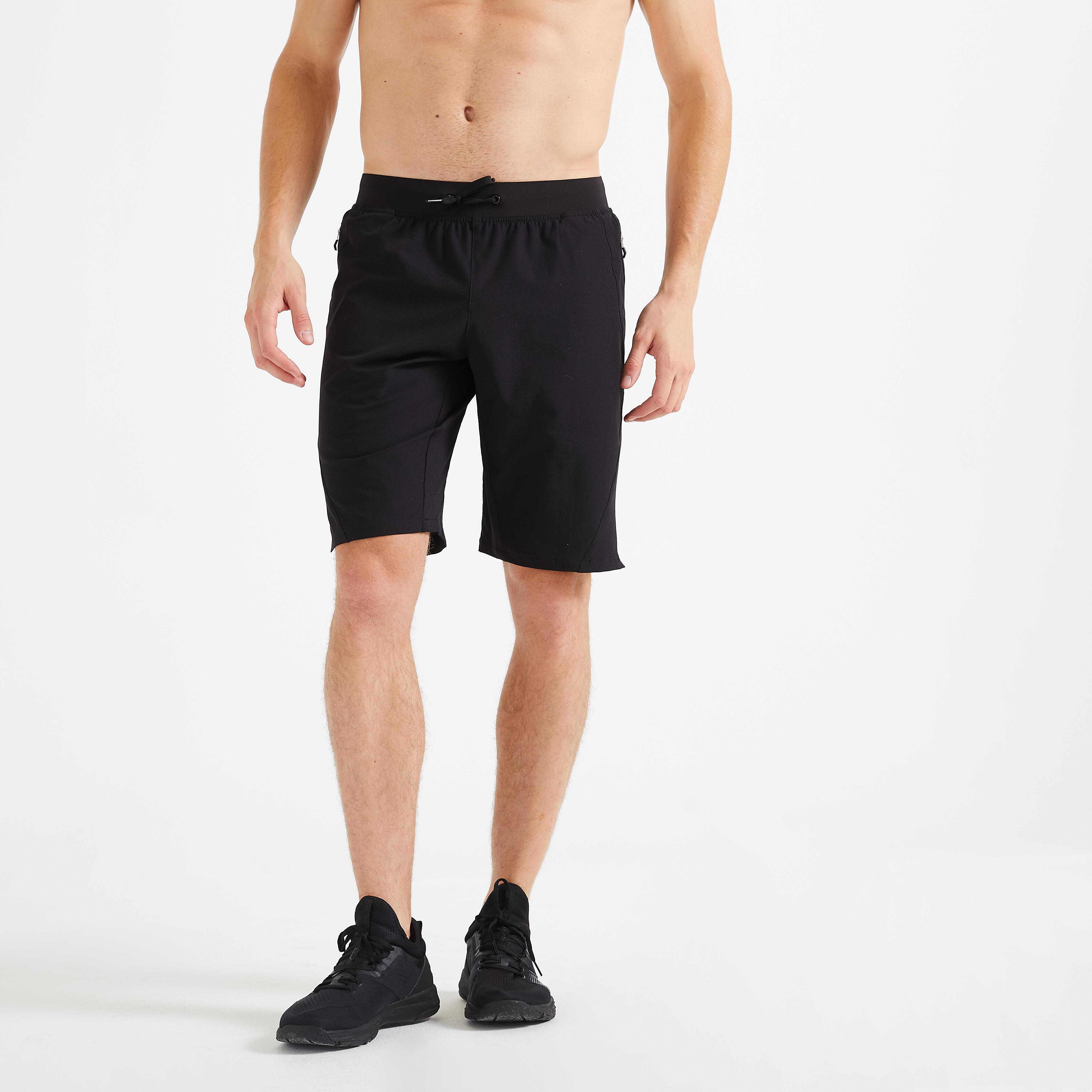 Pantalon scurt 500 Fitness respirant cu buzunare cu fermoar Negru Bărbați 500 imagine 2022