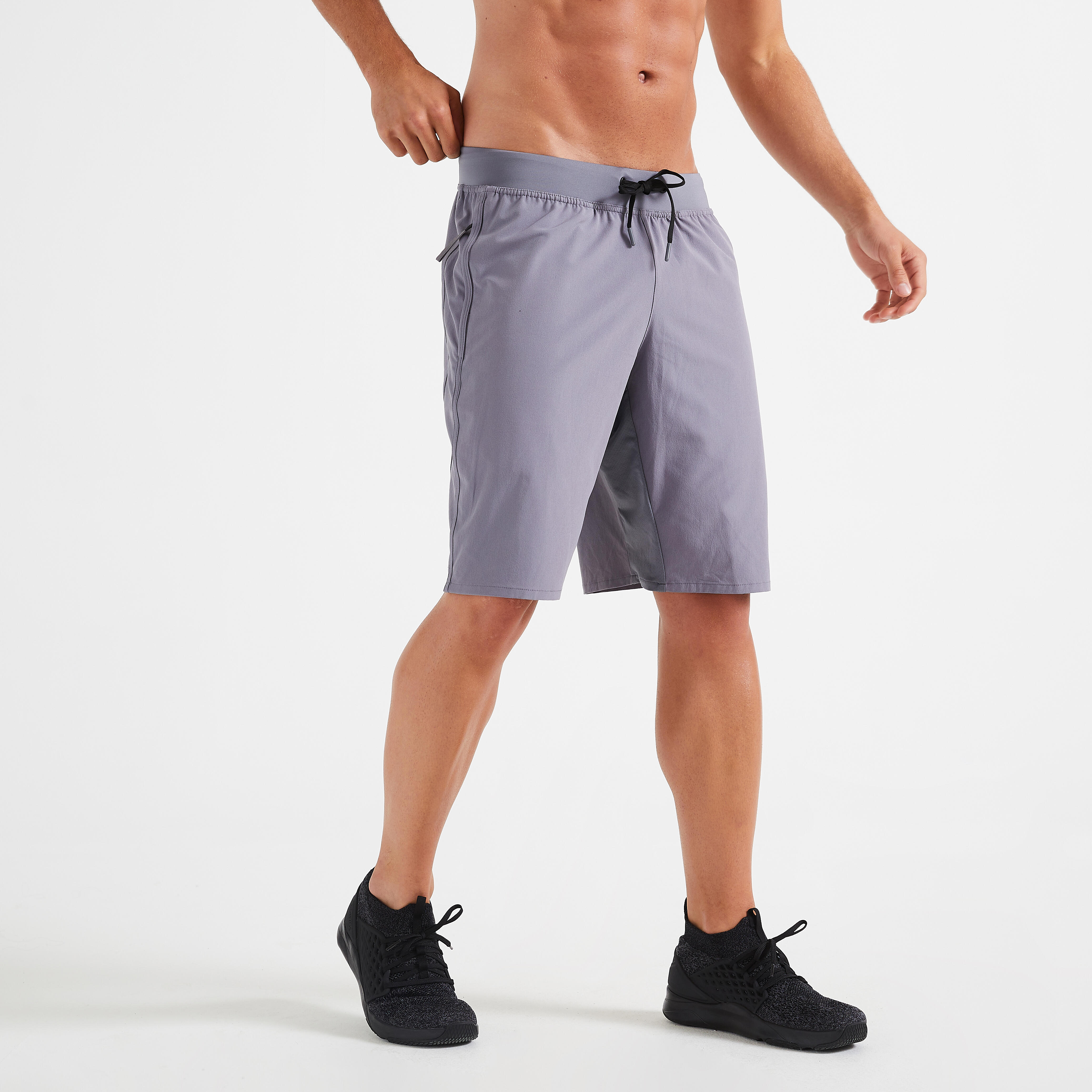 Pantalon scurt 500 Fitness respirant cu buzunare cu fermoar Gri Bărbați