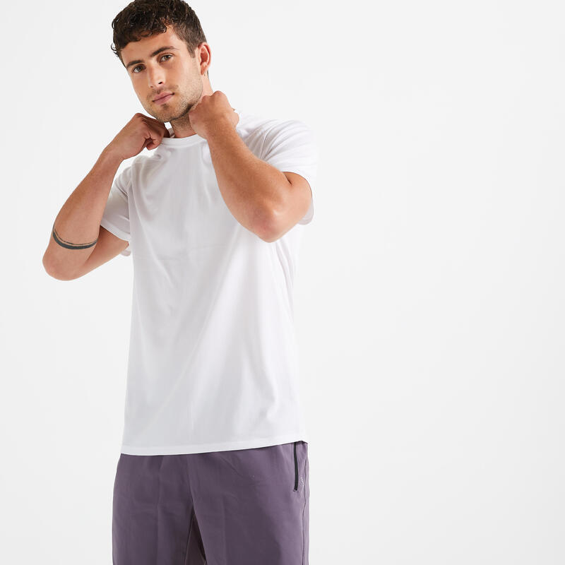 Camiseta fitness manga corta transpirable cuello redondo Hombre Domyos blanco