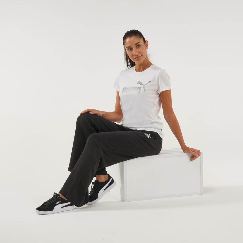 T-shirt voor fitness dames katoen wit met zilverkleurig logo