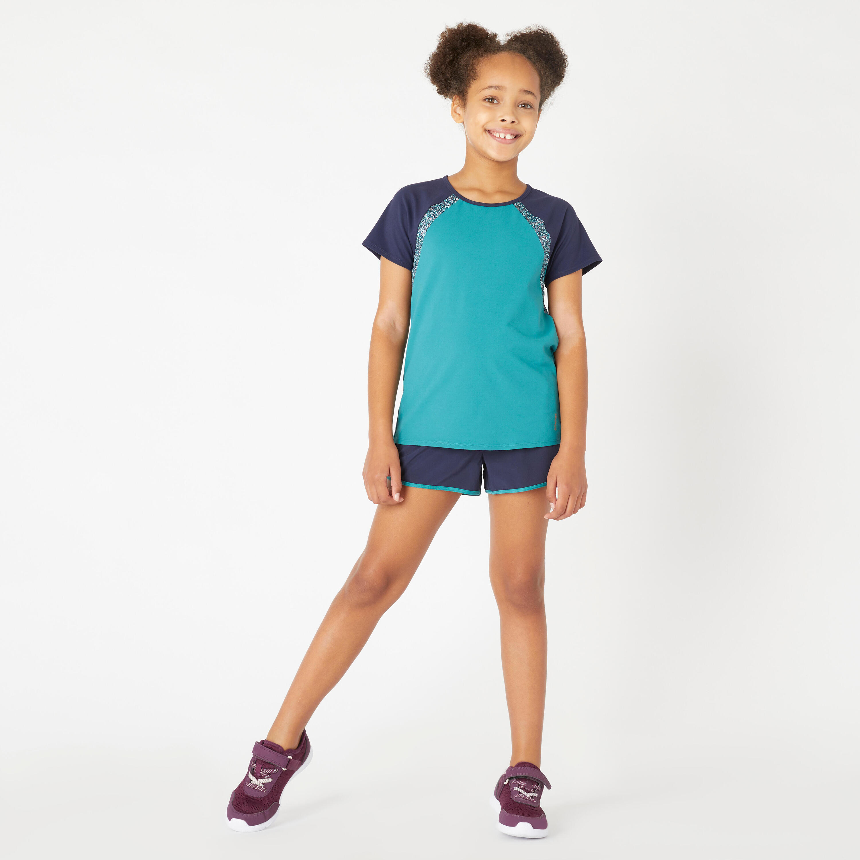 Pantaloncini bambina ginnastica W 500 2 in 1 traspiranti azzurro-verde 2/9