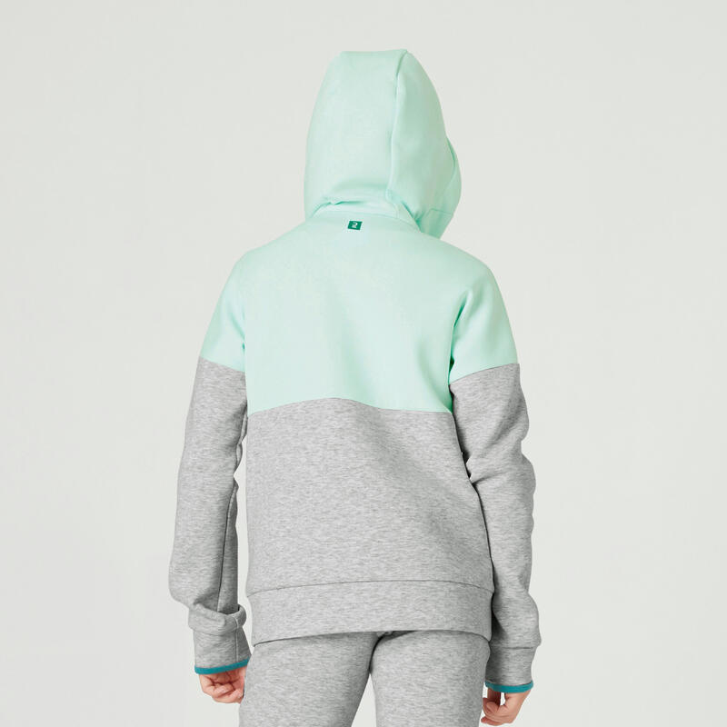 Felpa bambina ginnastica 900 misto cotone pesante con cappuccio e zip verde-grigio chiaro melange