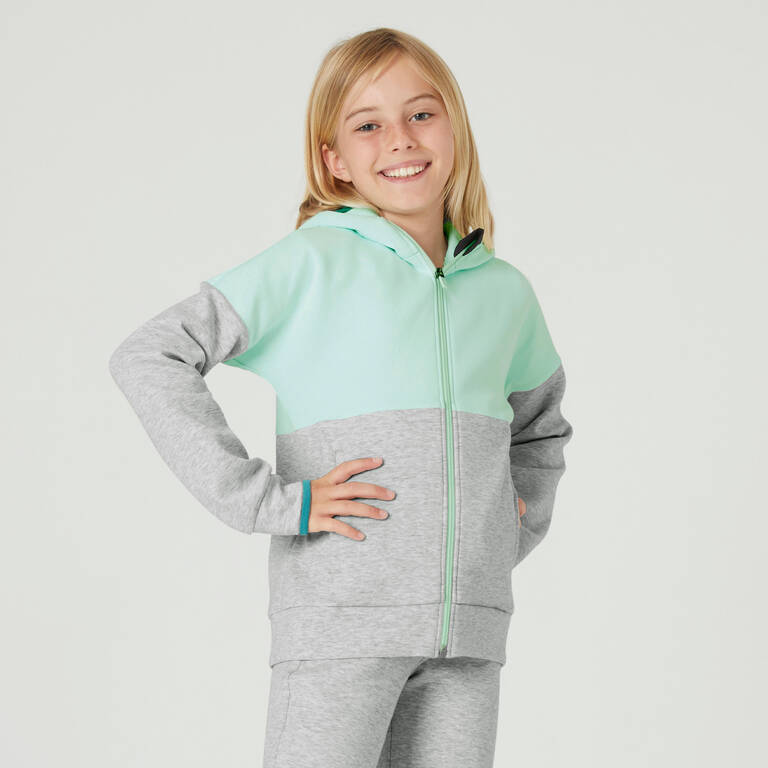Girls Breathable Zip-Up Cotton Hoodie 900 Green/Light Grey Marl