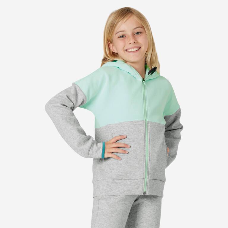 Kids' Breathable Zip-Up Cotton Hoodie 900 - Green/Light Grey Marl