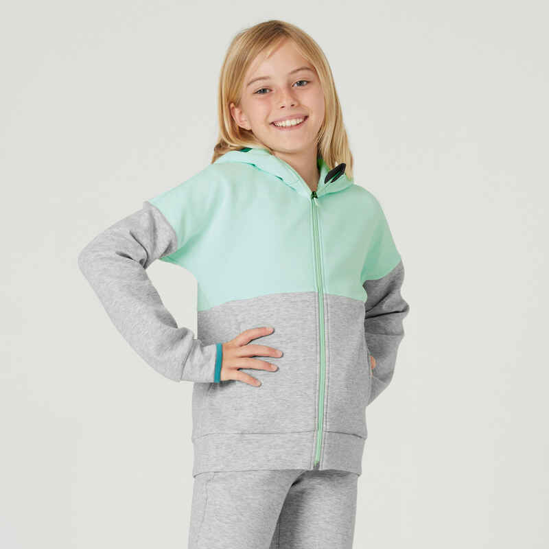 Kids' Breathable Zip-Up Cotton Hoodie 900 - Green/Light Grey Marl